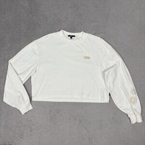 Vans Crop Top Long Sleeve T Shirt Women's Medium Off the Wall White Embroidered